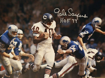 GALE SAYERS SIGNED 16X20 PHOTO INSCRIBED HOF 77 - JSA COA - STICKERS ONLY
