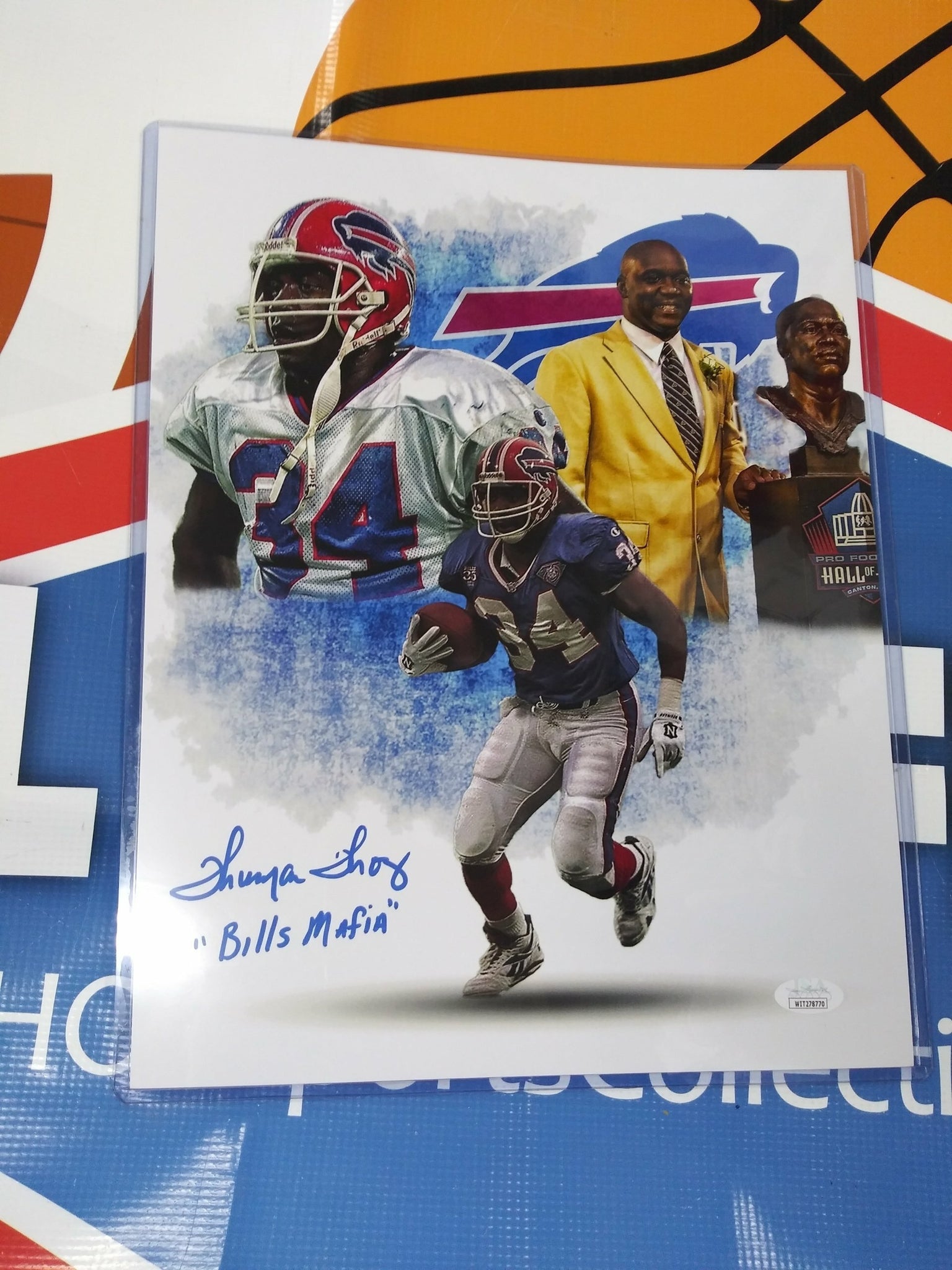 THURMAN THOMAS SIGNED 11X14 BILLS PHOTO  - INSCRIBED BILLS MAFIA JSA COA