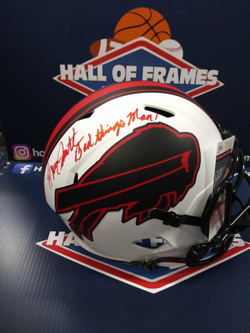 BRUCE SMITH SIGNED FULL SIZE LUNAR REP BILLS HELMET INSC "BAD THINGS MAN"