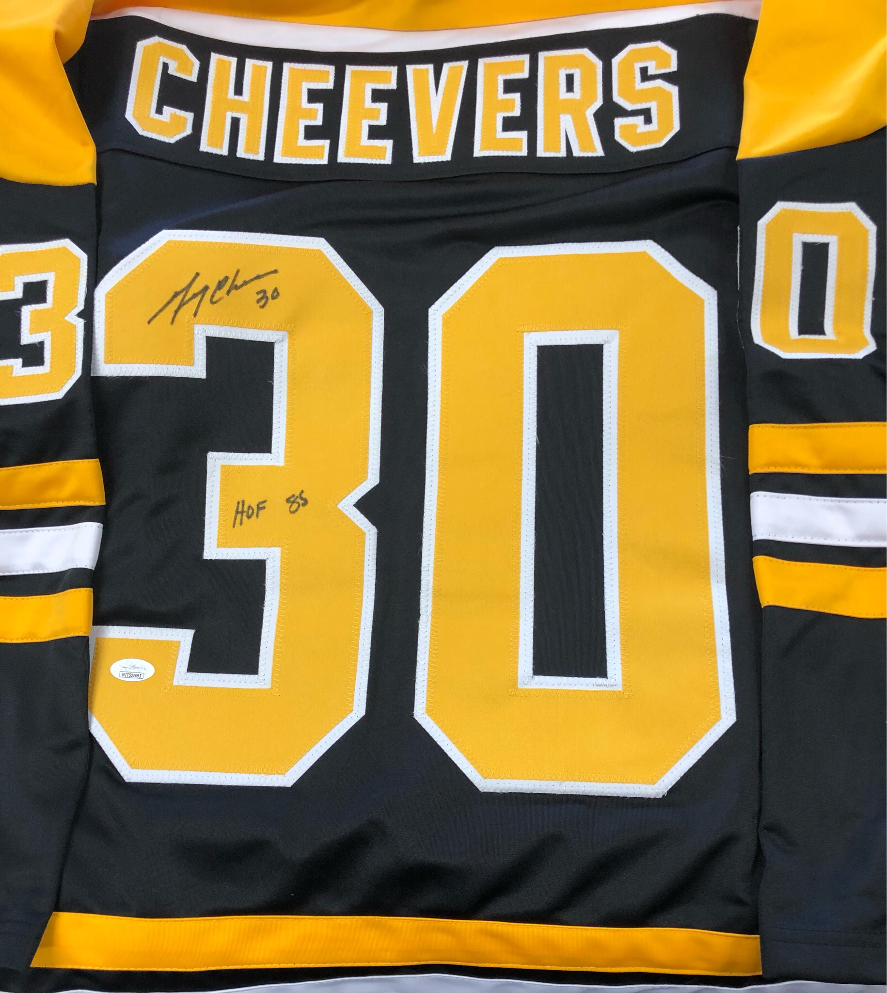 GERRY CHEEVERS  SIGNED BLACK CUSTOM BRUINS JERSEY - JSA COA