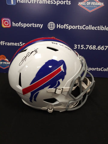 DAMAR HAMLIN SIGNED BILLS  SPEED FULL SIZE HELMET INSC. DID WE WIN? BAS COA