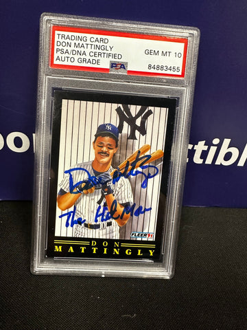 DON MATTINGLY 1991FLEER SIGNED MR YANKEE PSA AUTO 10 INSC THE HIT MAN