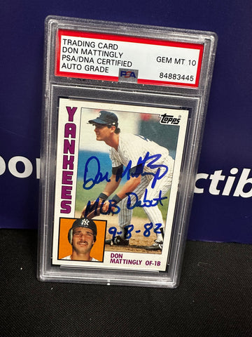 DON MATTINGLY 1984 TOPPS SIGNED ROOKIE PSA AUTO 10 INSC MLB DEBUT 9-8-82 (445)