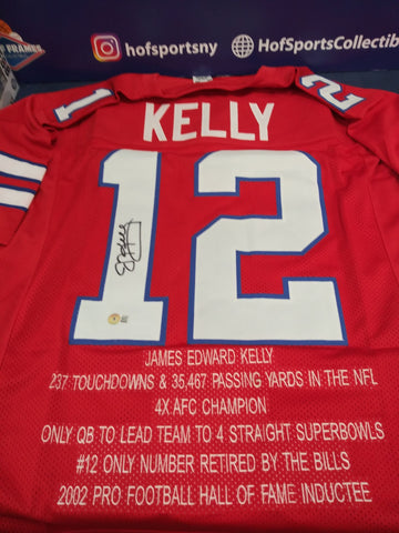 JIM KELLY SIGNED BUFFALO BILLS RED CUSTOM STAT JERSEY - JSA COA