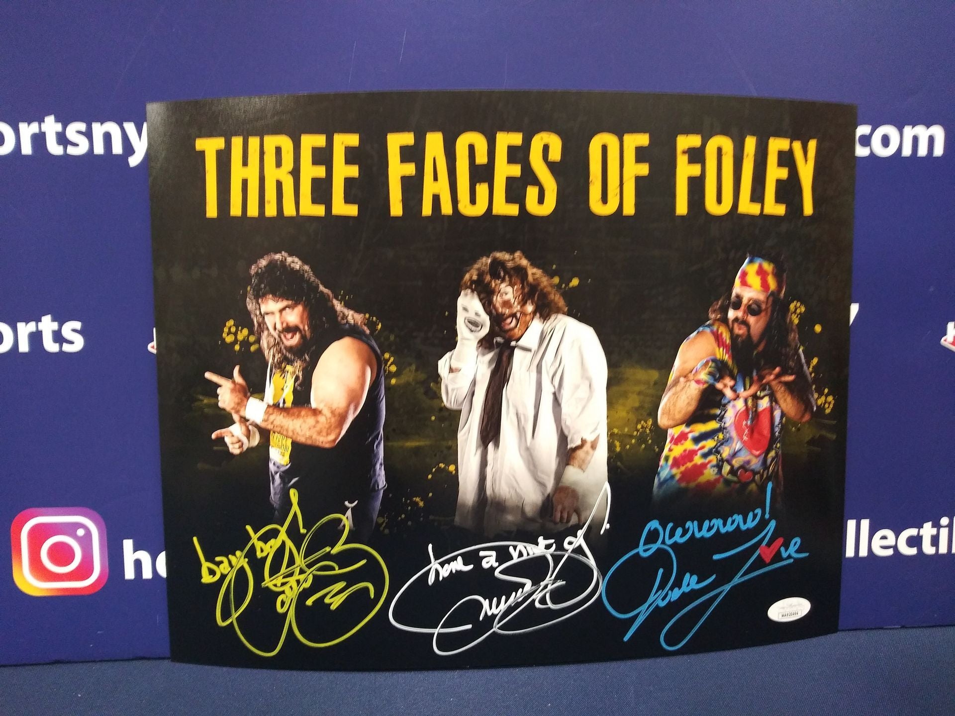 MICK FOLEY - 3 FACES OF FOLEY TRIPLE & INSCRIBED SIGNED 11X14 MANKIND - DUDE LOVE - CACTUS JACK JSA COA