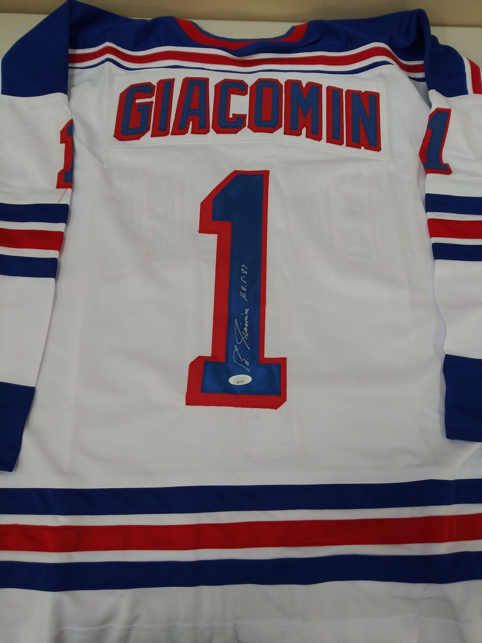 EDDIE GIACOMIN SIGNED NY RANGERS CUSTOM JERSEY - JSA COA